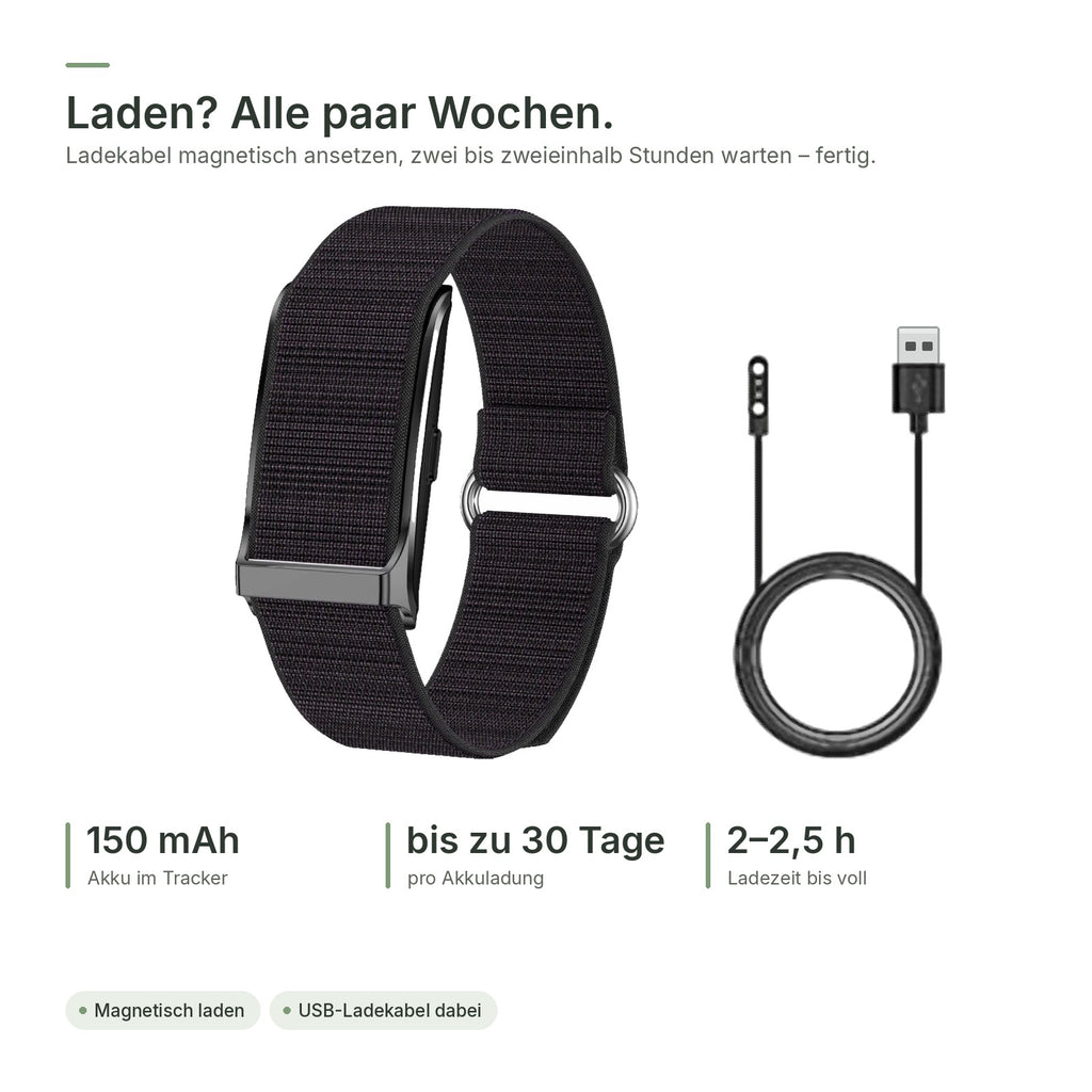 Akku bis zu 30 Tage, magnetisches Ladekabel, 2 bis 2,5 Stunden Ladezeit