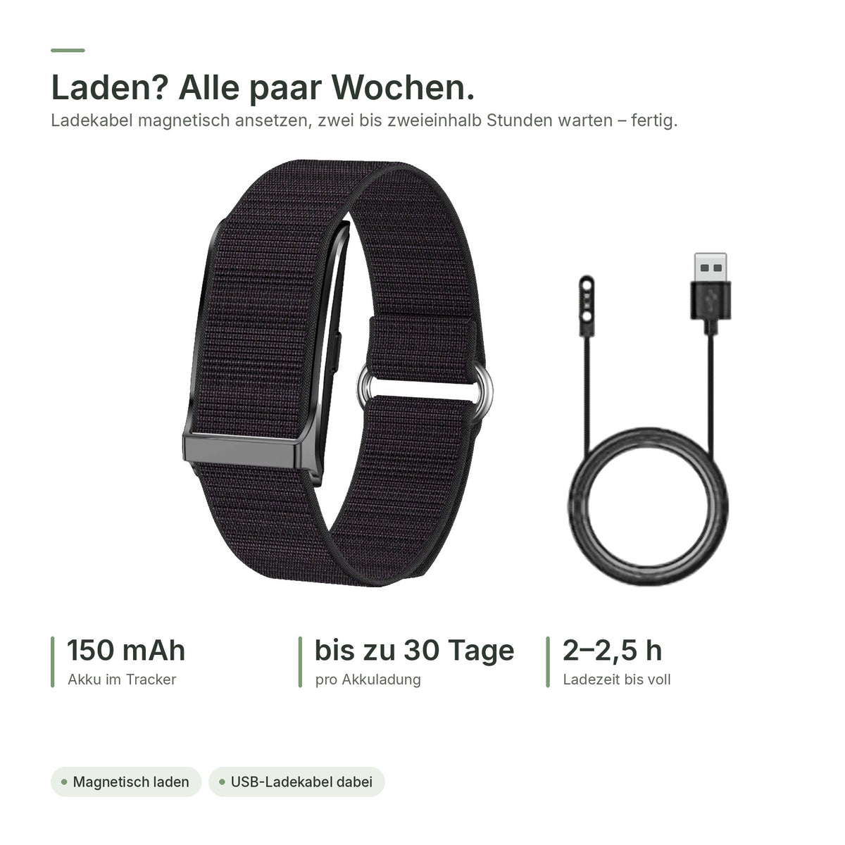 Akku bis zu 30 Tage, magnetisches Ladekabel, 2 bis 2,5 Stunden Ladezeit