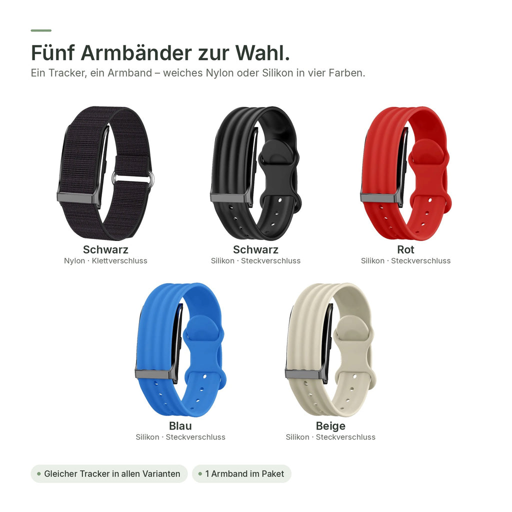 Fünf Armbänder zur Wahl: Nylon Schwarz und Silikon in Schwarz, Rot, Blau und Beige