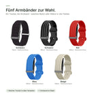 Fünf Armbänder zur Wahl: Nylon Schwarz und Silikon in Schwarz, Rot, Blau und Beige