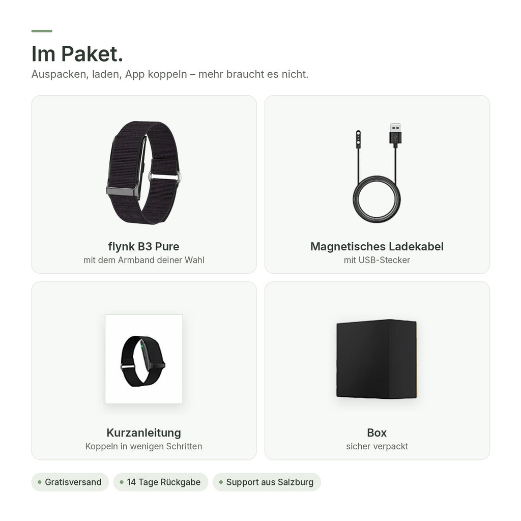 Im Paket: Tracker mit Armband, magnetisches Ladekabel, Kurzanleitung, Box