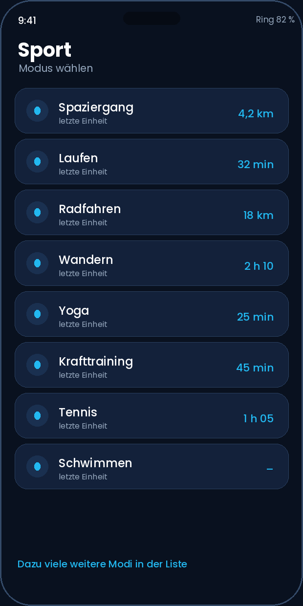 App-Ansicht Sportmodi