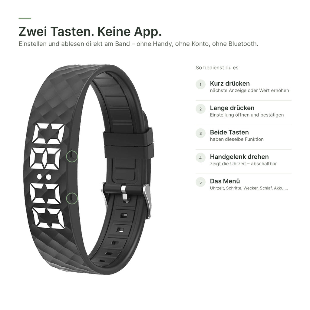 Armband mit zwei Tasten neben der LED-Anzeige – Bedienung ohne App