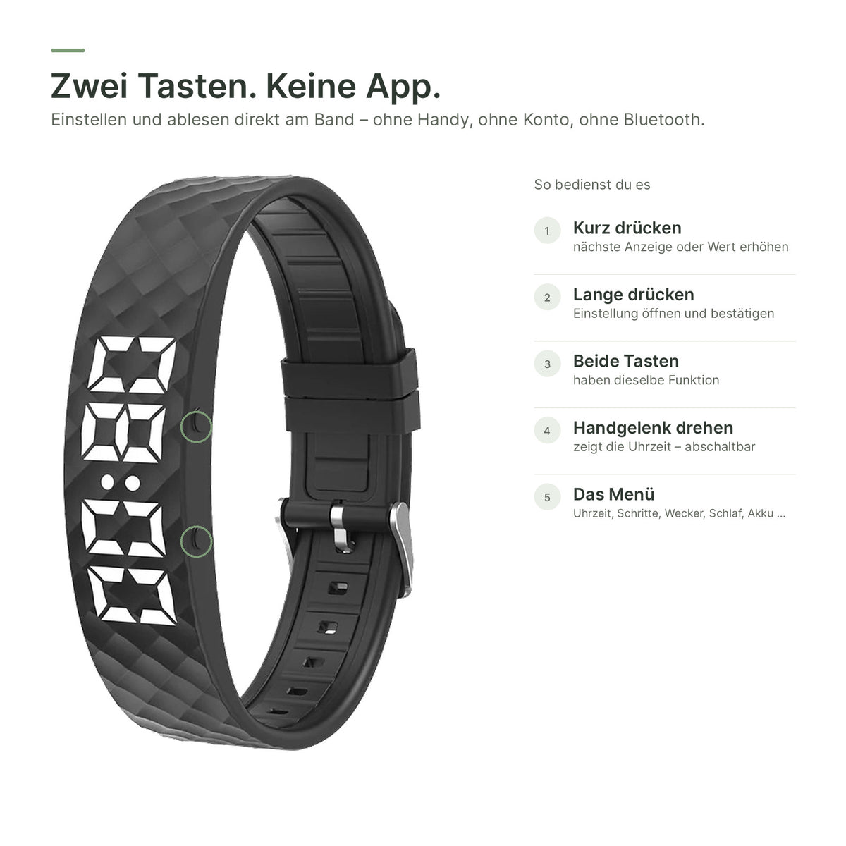 Armband mit zwei Tasten neben der LED-Anzeige – Bedienung ohne App