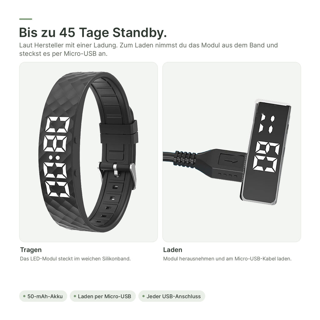 Bis zu 45 Tage Standby: LED-Modul zum Laden herausnehmen und per Micro-USB anstecken