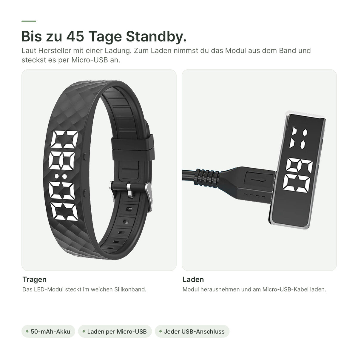 Bis zu 45 Tage Standby: LED-Modul zum Laden herausnehmen und per Micro-USB anstecken