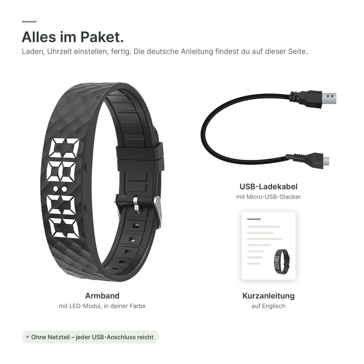 Lieferumfang: Armband, USB-Ladekabel mit Micro-USB-Stecker und Kurzanleitung