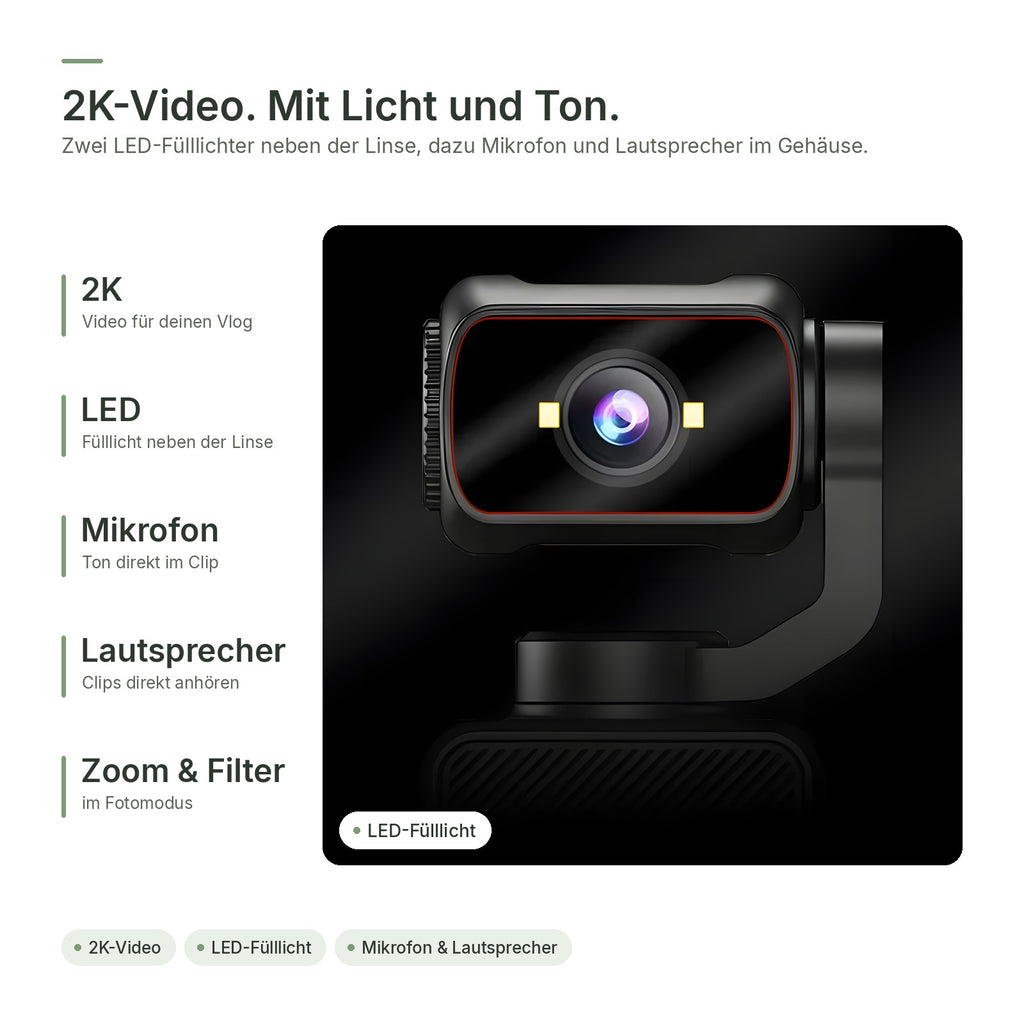 2K-Video mit LED-Fülllicht neben der Linse, Mikrofon und Lautsprecher