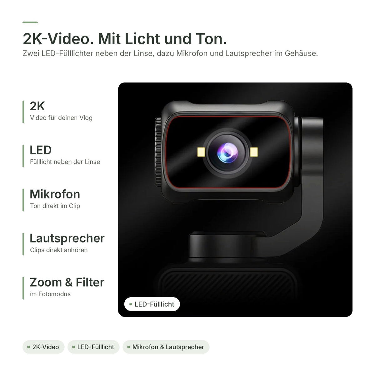2K-Video mit LED-Fülllicht neben der Linse, Mikrofon und Lautsprecher