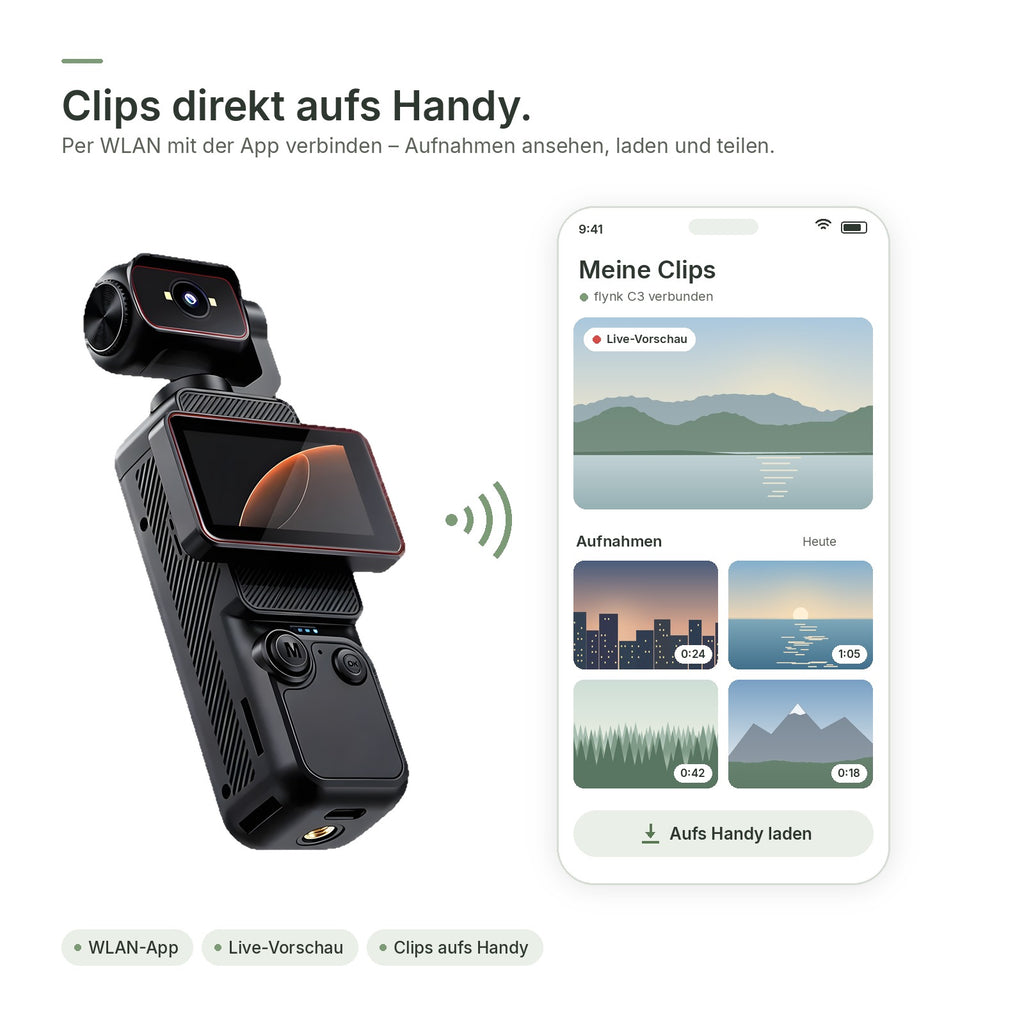 Clips per WLAN-App direkt aufs Handy laden, mit Live-Vorschau