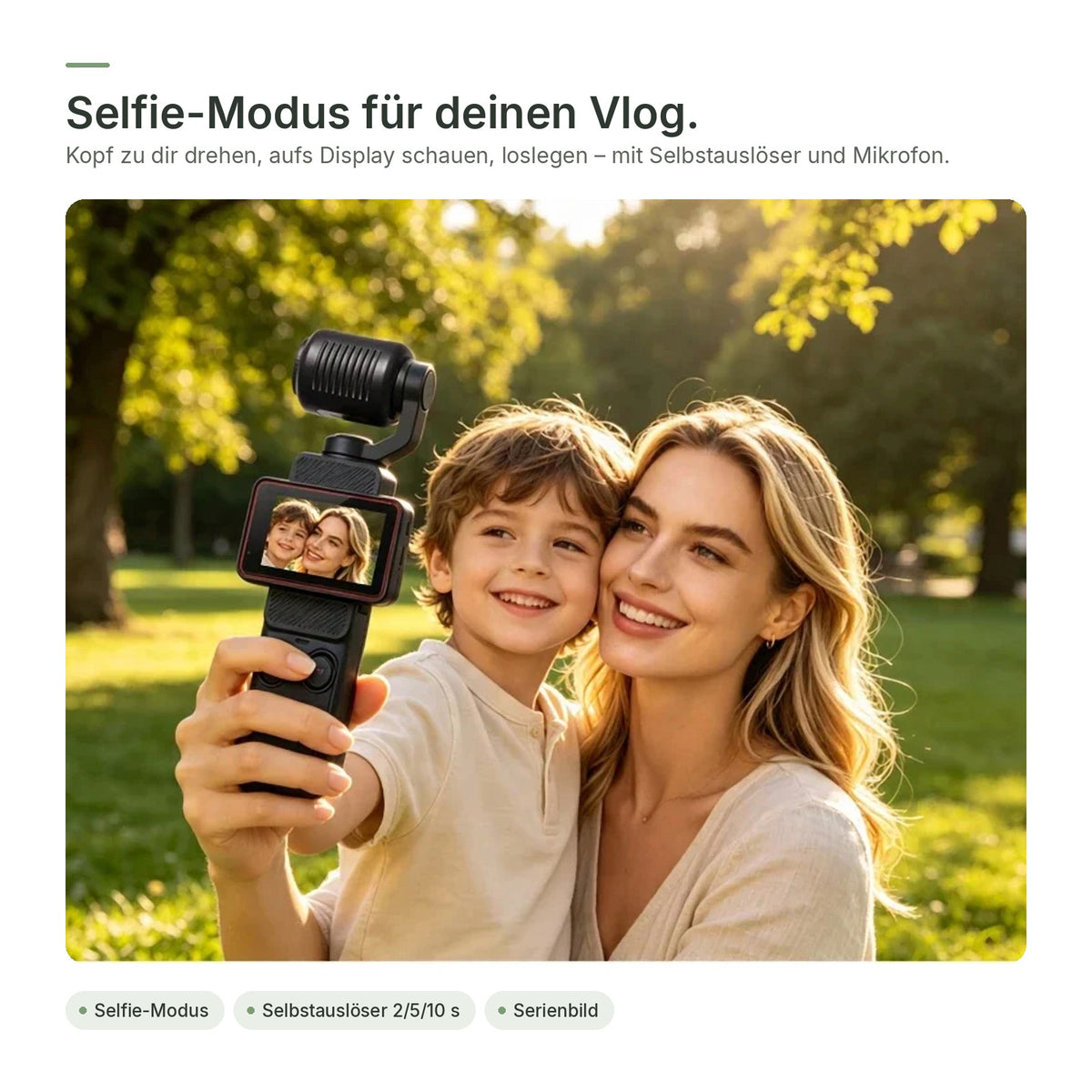 Mutter und Sohn filmen einen Selfie-Vlog mit der flynk C3