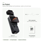 Im Paket: flynk C3, USB-Ladekabel und Kurzanleitung