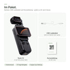 Im Paket: flynk C3, USB-Ladekabel und Kurzanleitung