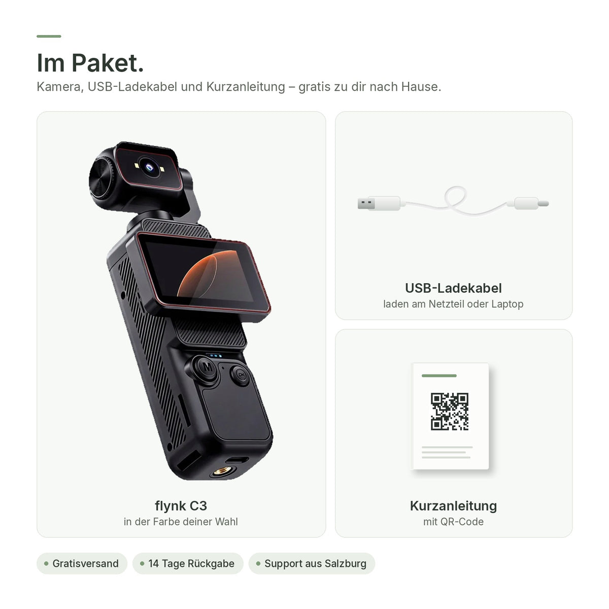 Im Paket: flynk C3, USB-Ladekabel und Kurzanleitung