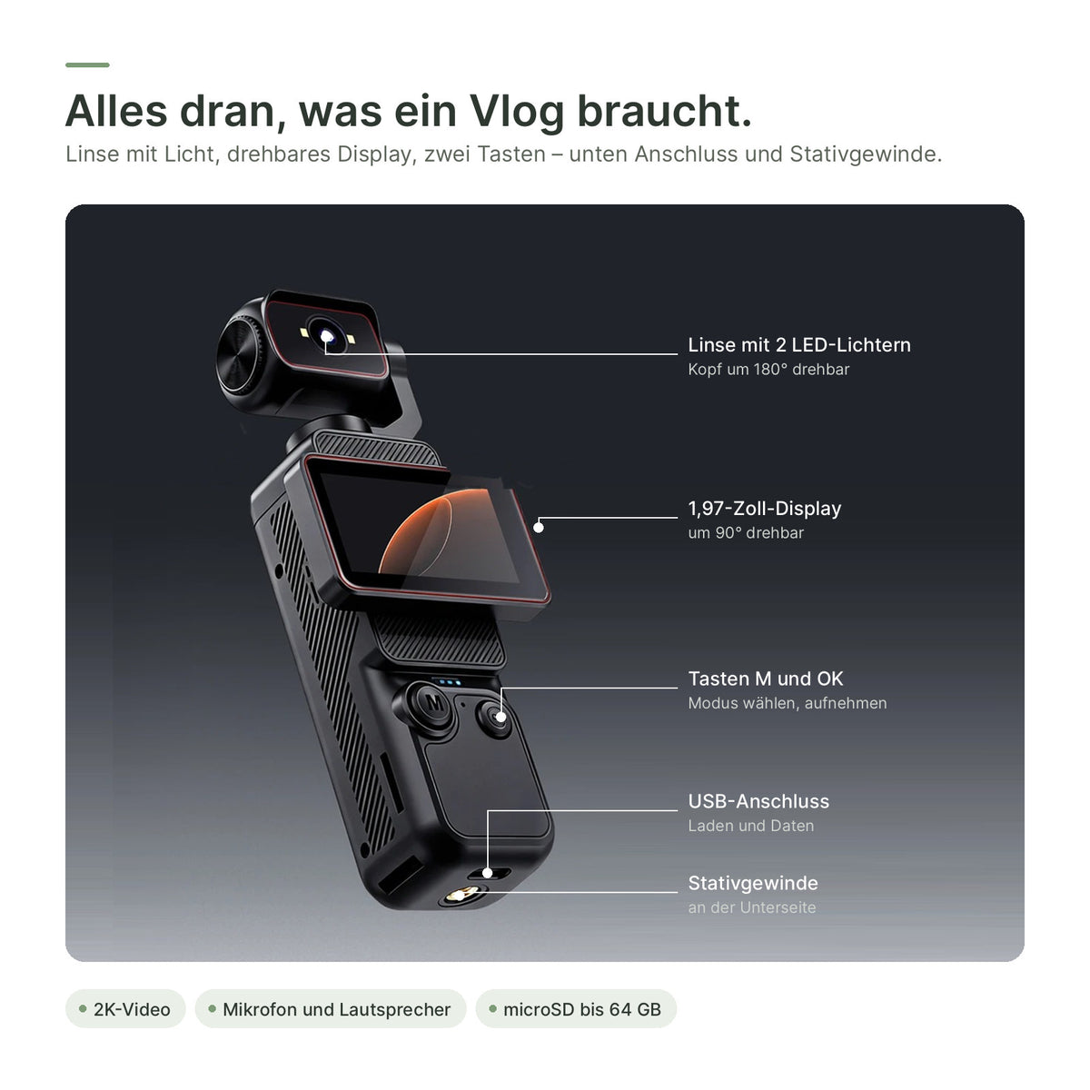flynk C3 im Detail: Linse mit LED-Lichtern, Display, Tasten, USB-Anschluss und Stativgewinde