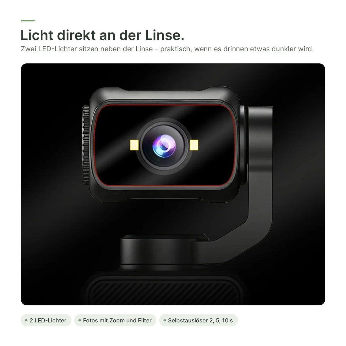Nahaufnahme der Linse mit zwei LED-Lichtern