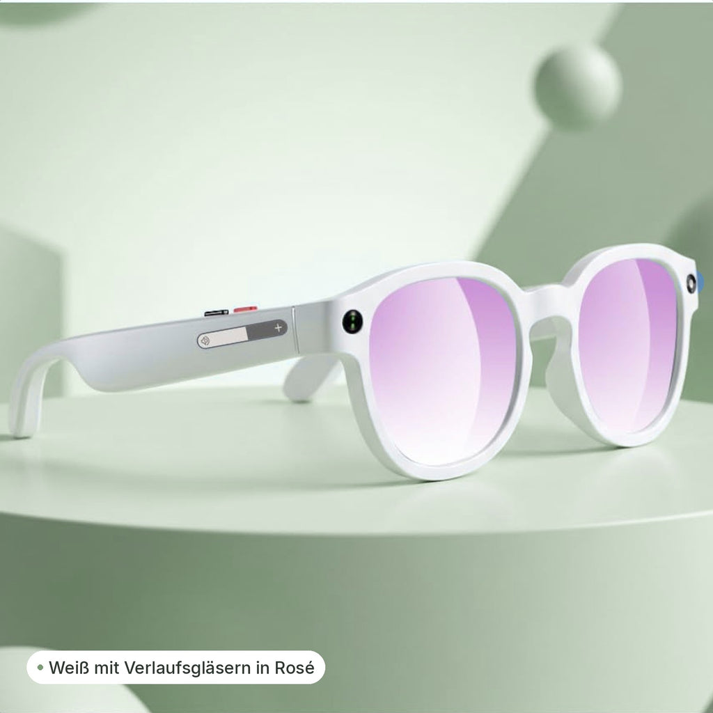 flynk G4 in Weiß mit rosé Verlaufsgläsern auf einem Podest