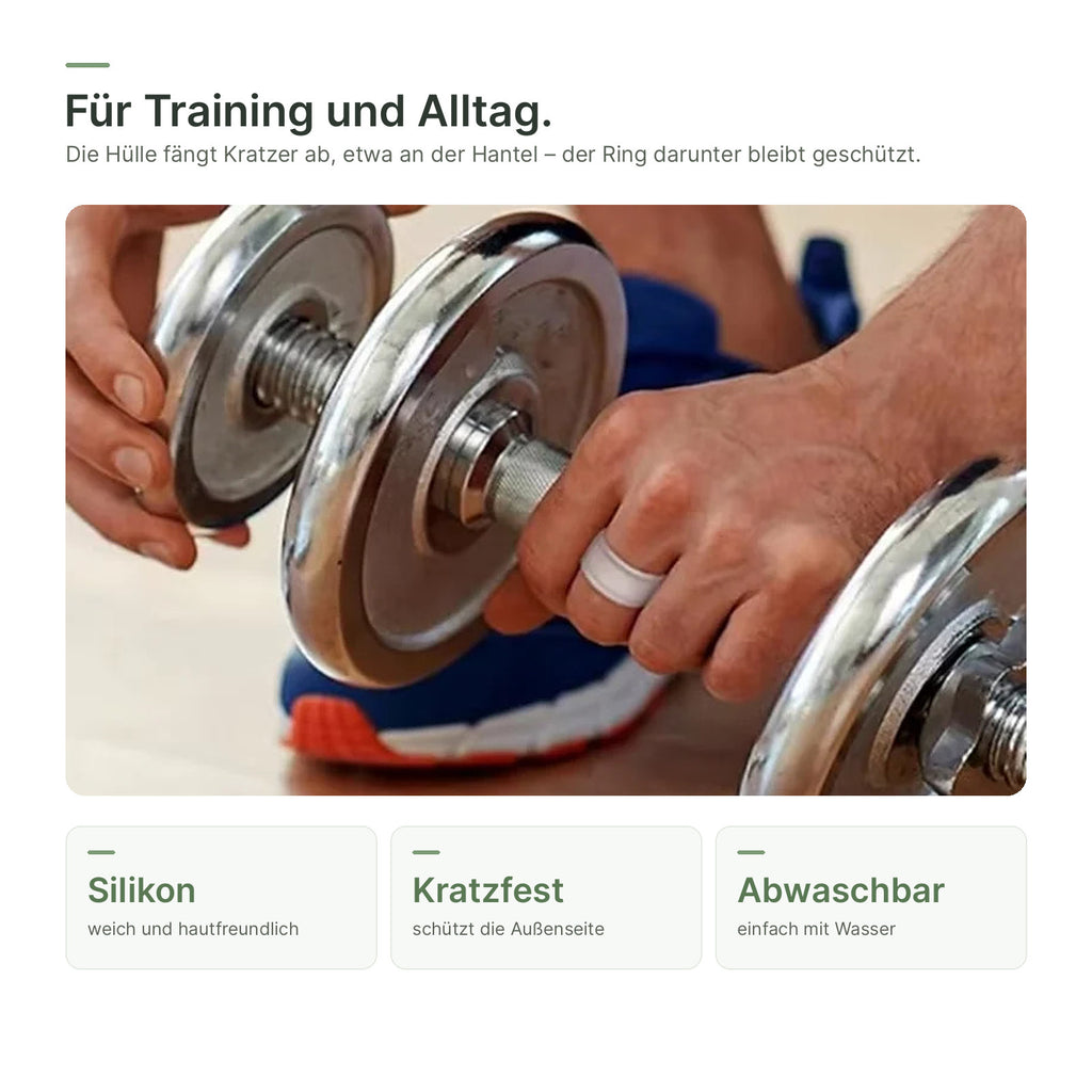 Smart Ring mit weißer Schutzhülle beim Hanteltraining