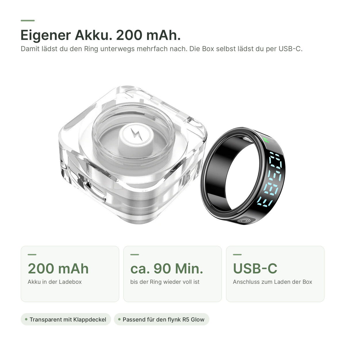Ladebox mit 200-mAh-Akku neben dem flynk R5 Glow