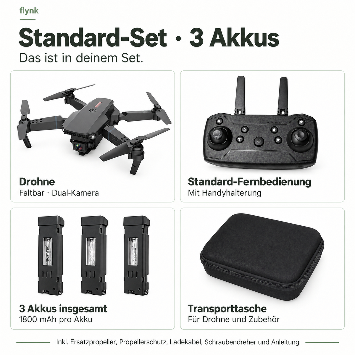 Standard-Set · 3 Akkus – Drohne, Standard-Fernbedienung, 3 Akkus insgesamt und Transporttasche