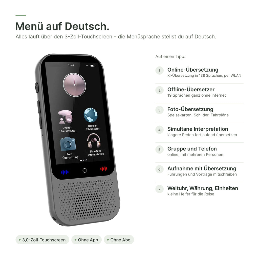 Menü auf Deutsch: Online-Übersetzung, Offline-Übersetzer, Foto-Übersetzung und Simultane Interpretation