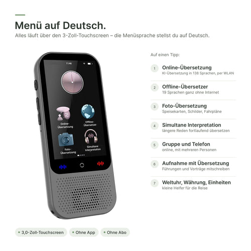 Menü auf Deutsch: Online-Übersetzung, Offline-Übersetzer, Foto-Übersetzung und Simultane Interpretation