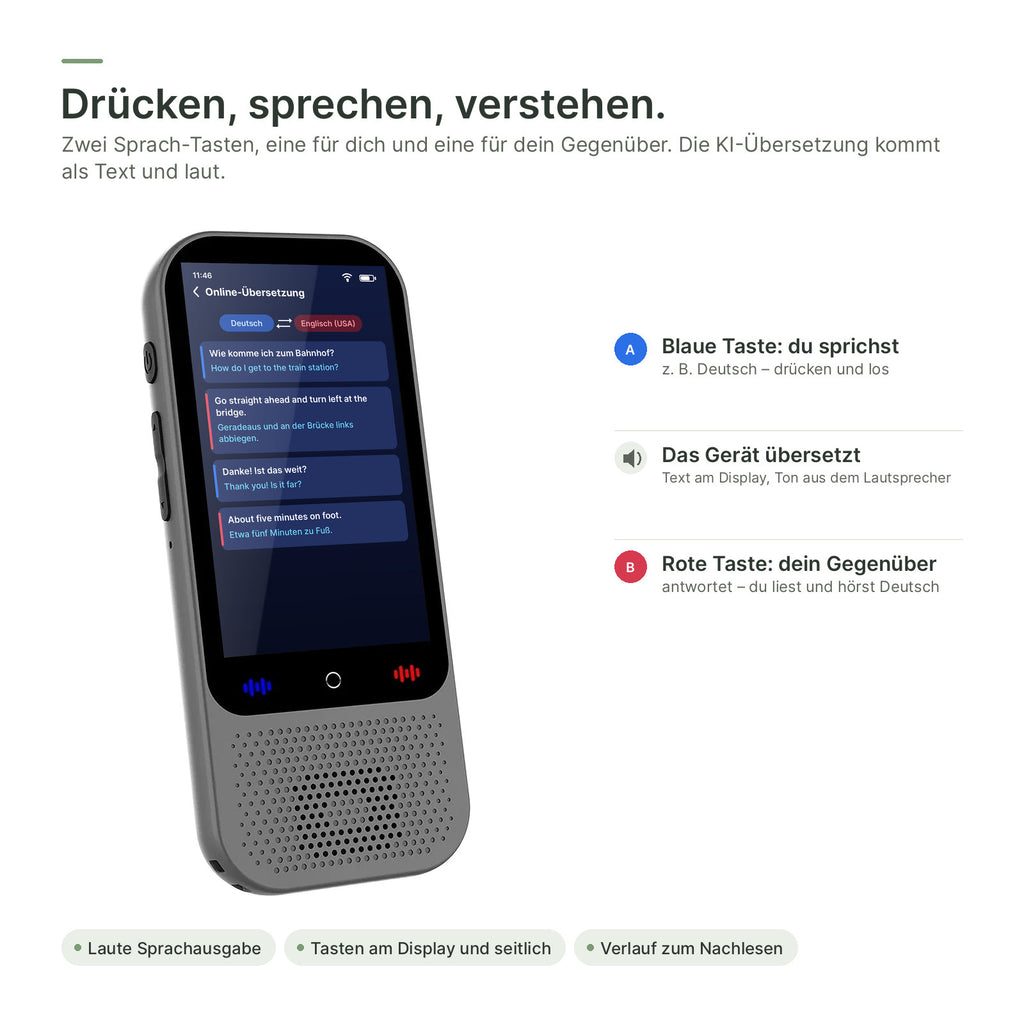 Übersetzer mit blauer und roter Sprach-Taste und Gesprächsverlauf Deutsch–Englisch