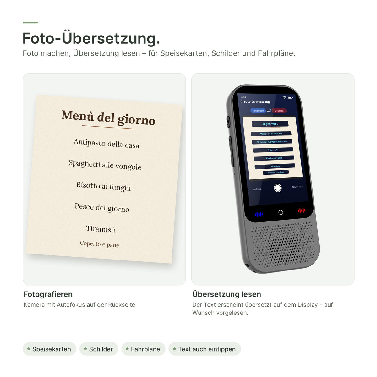 Foto-Übersetzung: italienische Speisekarte, auf dem Display ins Deutsche übersetzt