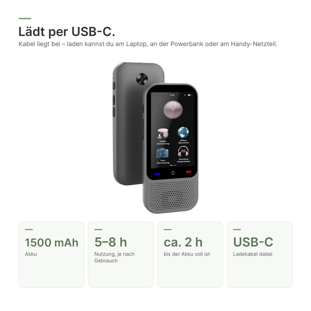 Vorder- und Rückseite mit Kamera – 1500-mAh-Akku, Laden per USB-C