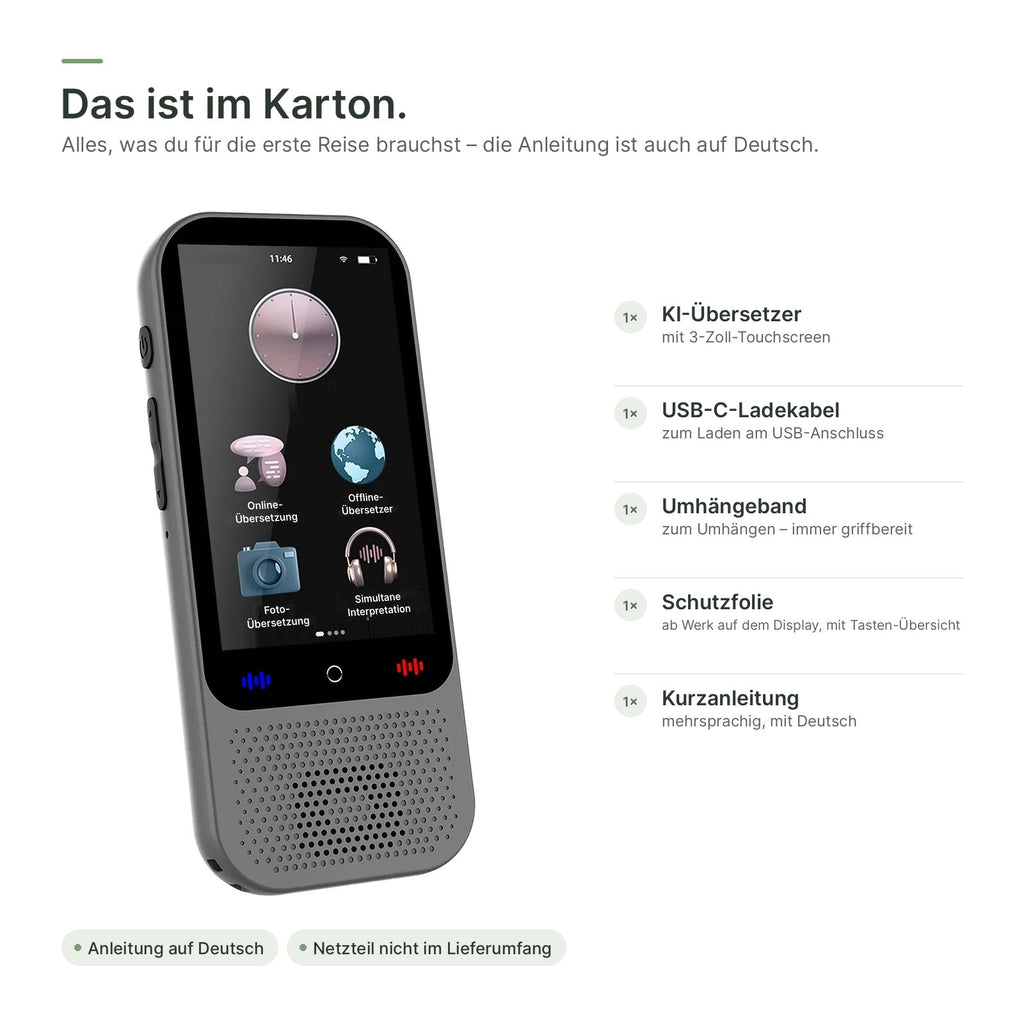 Lieferumfang: Übersetzer, USB-C-Ladekabel, Umhängeband, Schutzfolie und Kurzanleitung