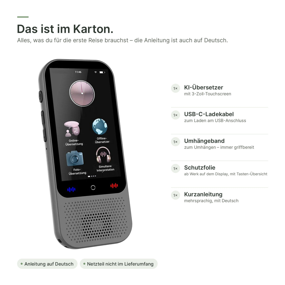 Lieferumfang: Übersetzer, USB-C-Ladekabel, Umhängeband, Schutzfolie und Kurzanleitung