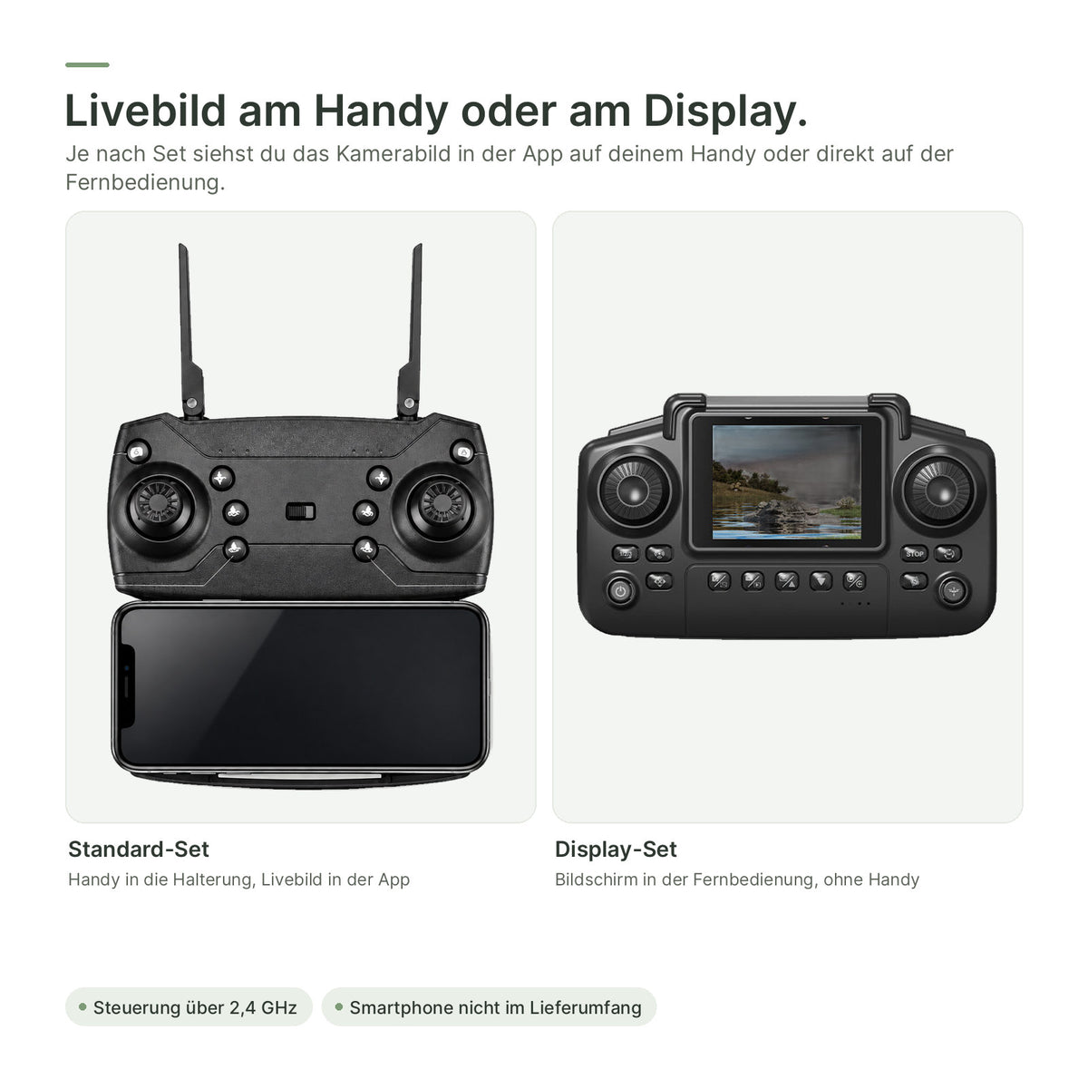 Standard-Fernbedienung mit Handyhalterung und Display-Fernbedienung mit Bildschirm