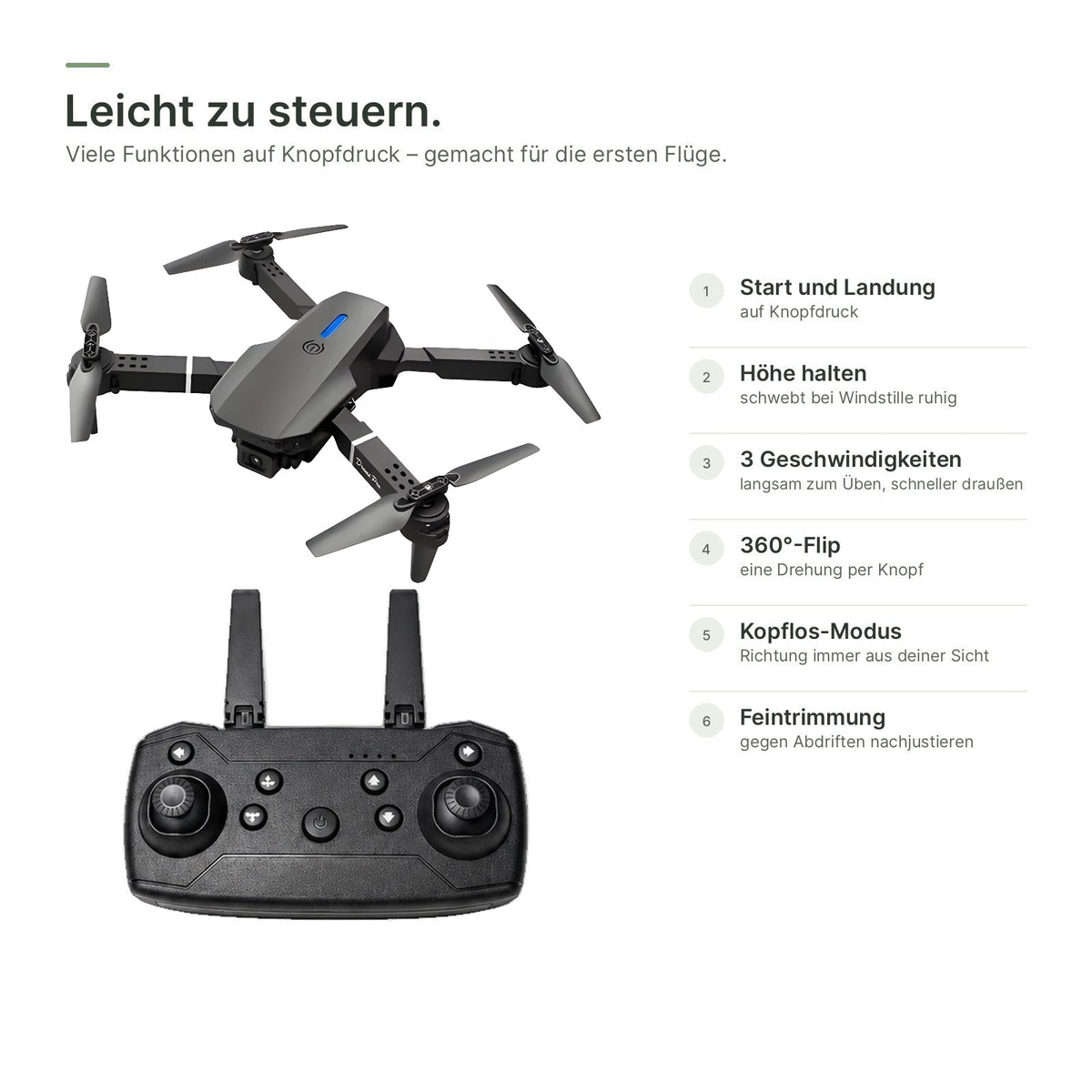 flynk V5 Max mit Standard-Fernbedienung: Start und Landung auf Knopfdruck, Höhe halten, drei Geschwindigkeiten
