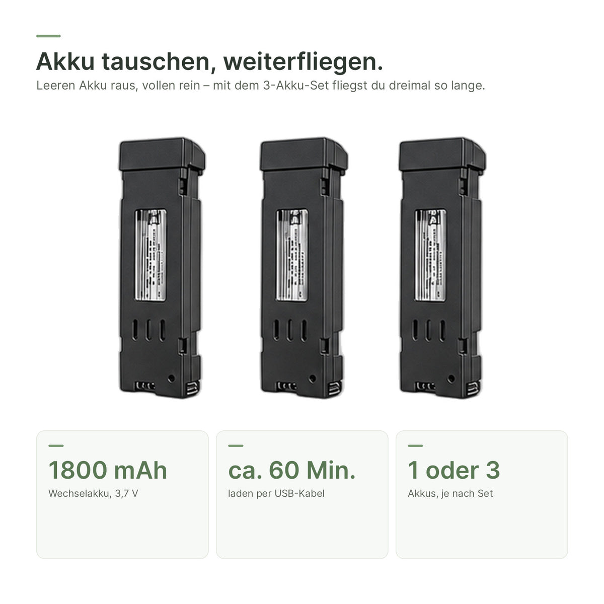 Drei Wechselakkus mit 1800 mAh für die flynk V5 Max