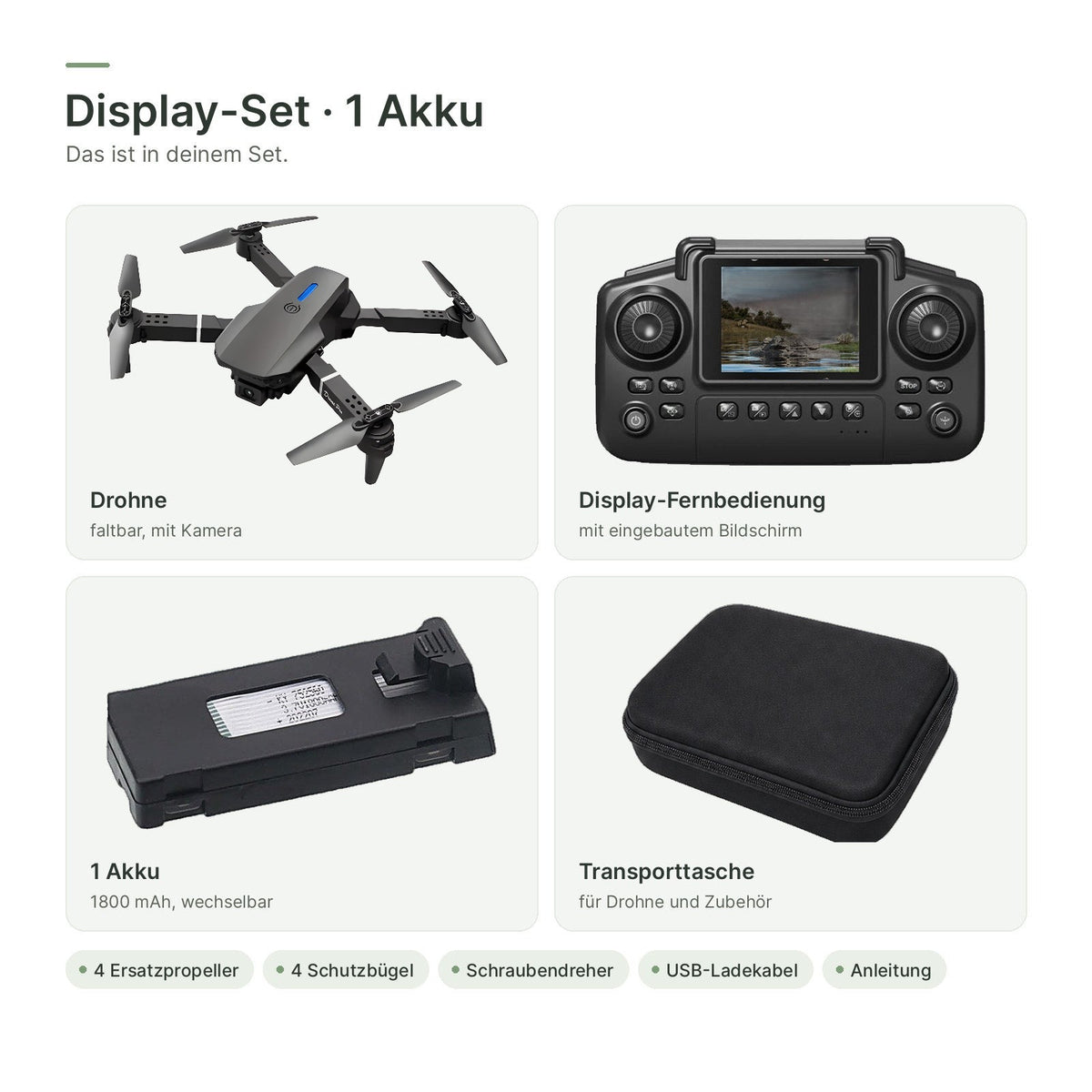 Display-Set · 1 Akku: Drohne, Display-Fernbedienung, 1 Akku und Transporttasche