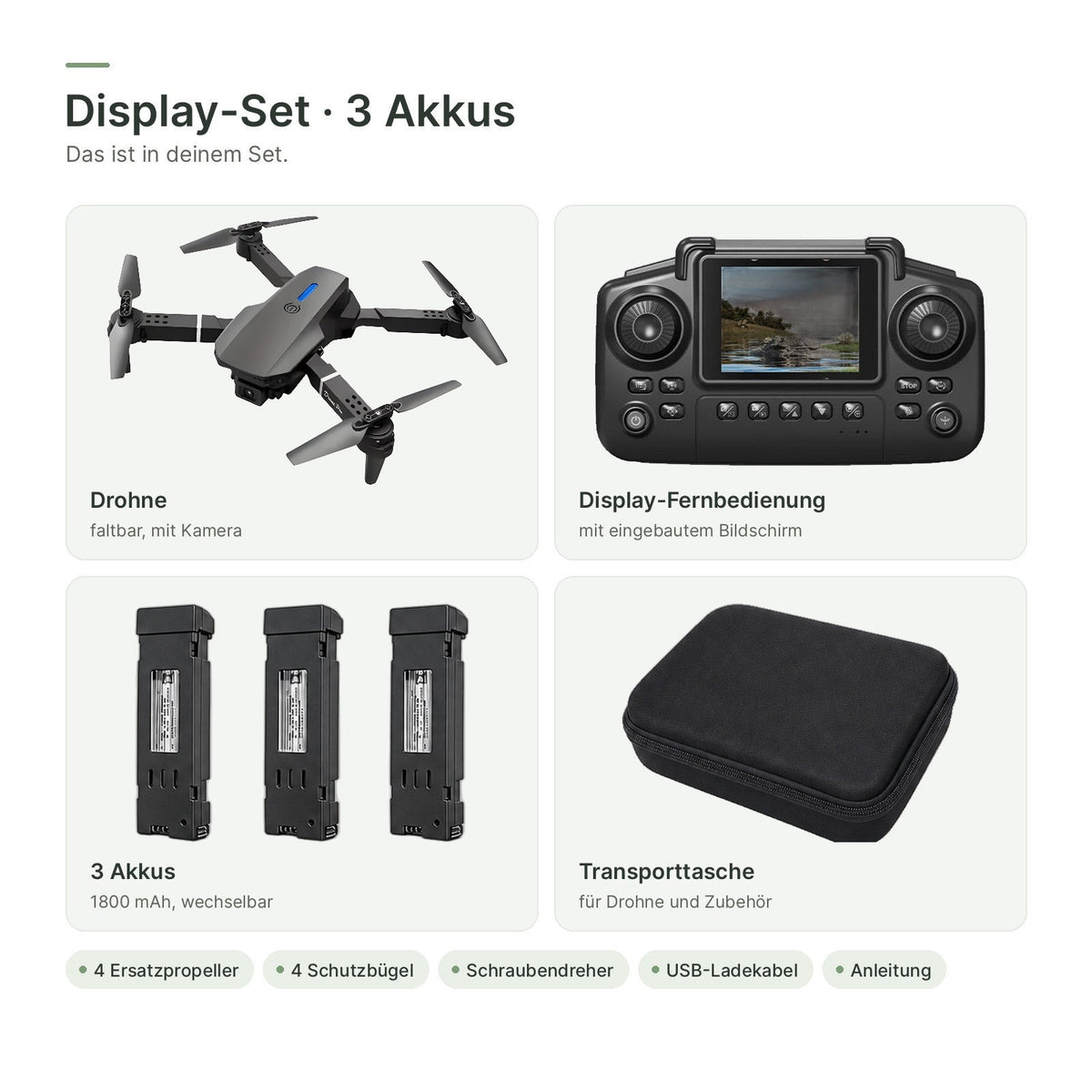Display-Set · 3 Akkus: Drohne, Display-Fernbedienung, 3 Akkus und Transporttasche