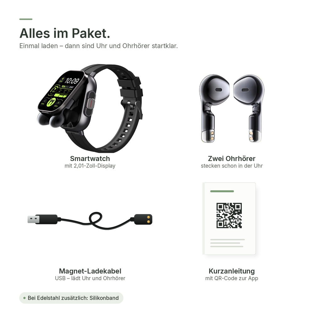 Lieferumfang der flynk W4 Buds: Smartwatch, zwei Ohrhörer, Magnet-Ladekabel und Kurzanleitung