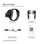 Lieferumfang der flynk W4 Buds: Smartwatch, zwei Ohrhörer, Magnet-Ladekabel und Kurzanleitung