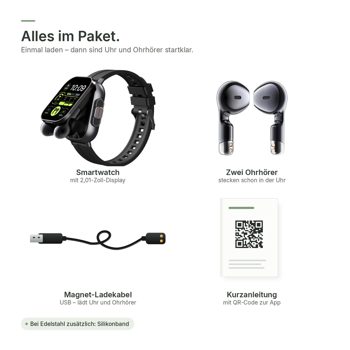Lieferumfang der flynk W4 Buds: Smartwatch, zwei Ohrhörer, Magnet-Ladekabel und Kurzanleitung