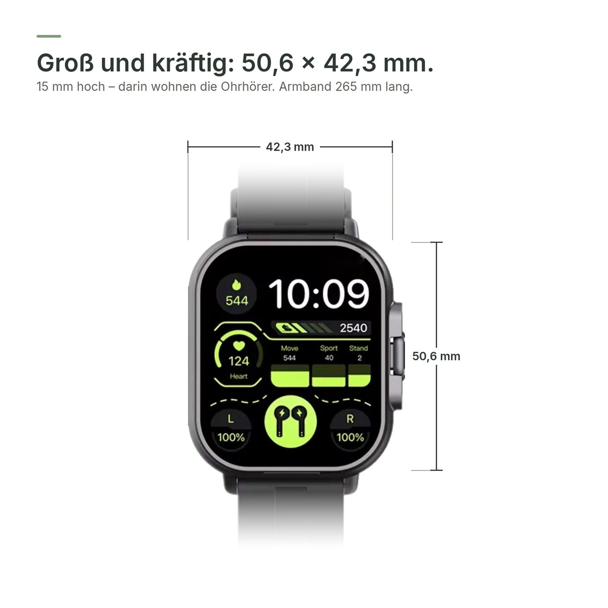 Maße der flynk W4 Buds: 50,6 × 42,3 mm, 15 mm hoch, Armband 265 mm