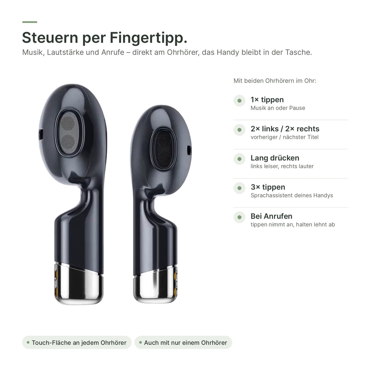 Touch-Steuerung der Ohrhörer der flynk W4 Buds: tippen, doppelt tippen, lang drücken