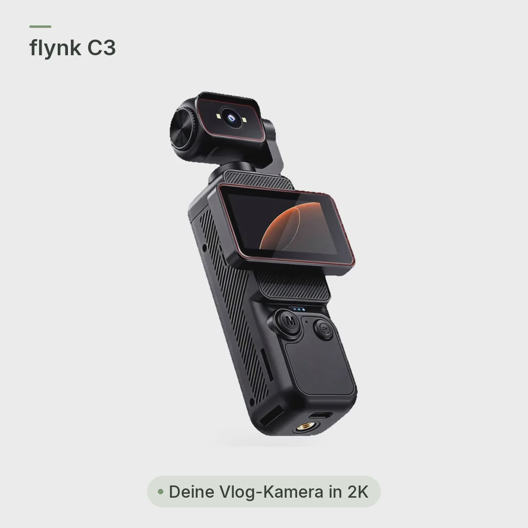 flynk C3 Vlog-Kamera im Video: 180°-Drehkopf, drehbares Display, Selfie-Modus, Clips per WLAN aufs Handy und drei Farben